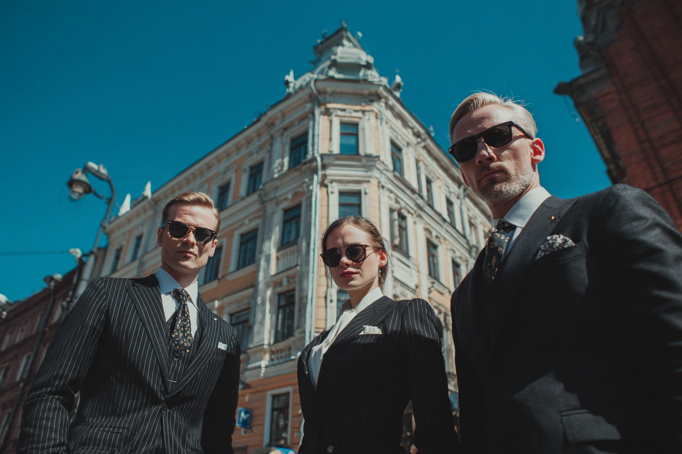 Close protection team providing VIP escort in urban environment