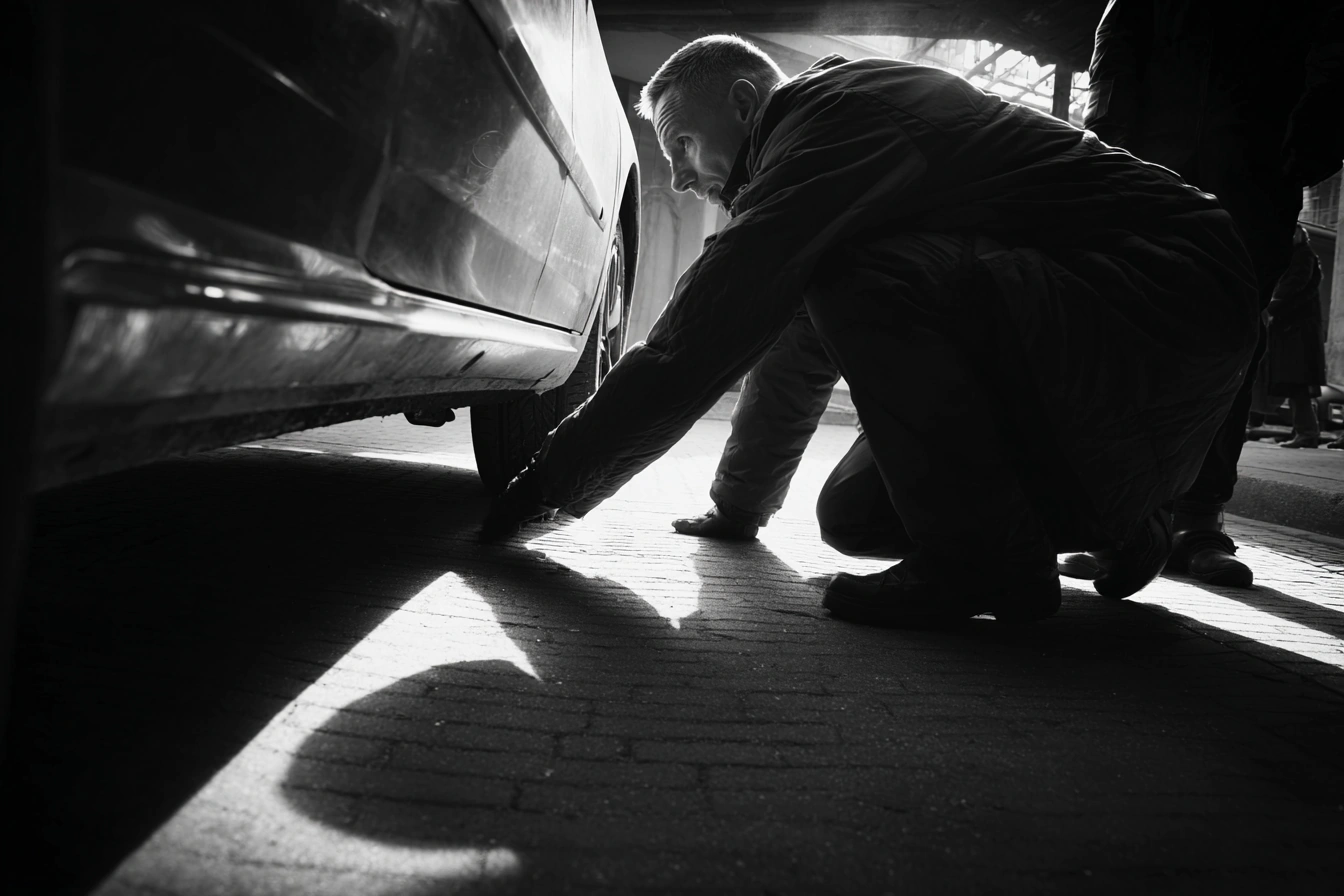 Security inspection under vehicle during close protection training exercise